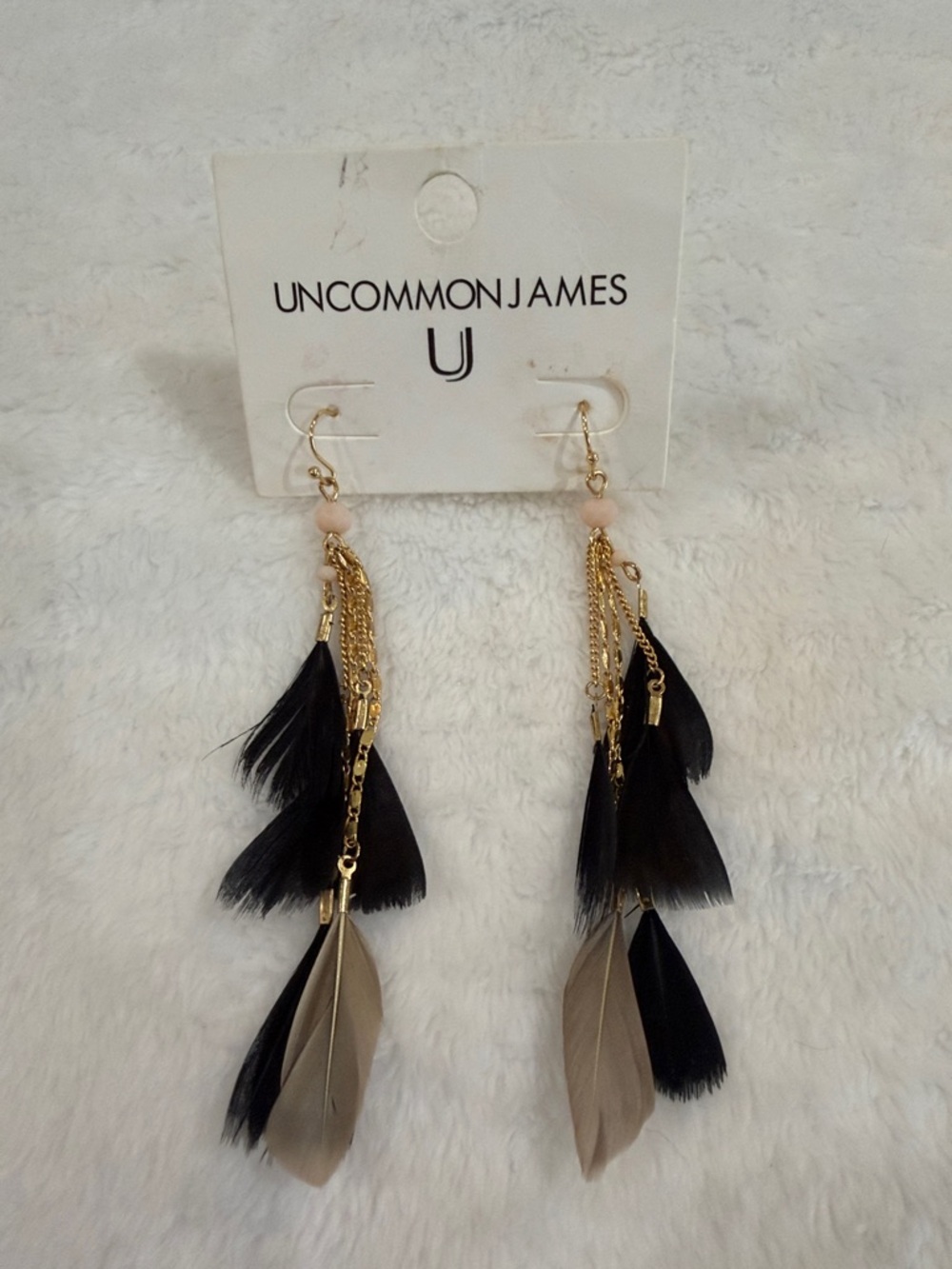 Uncommon James Black and Taupe Feather & Chain Drop Earrings